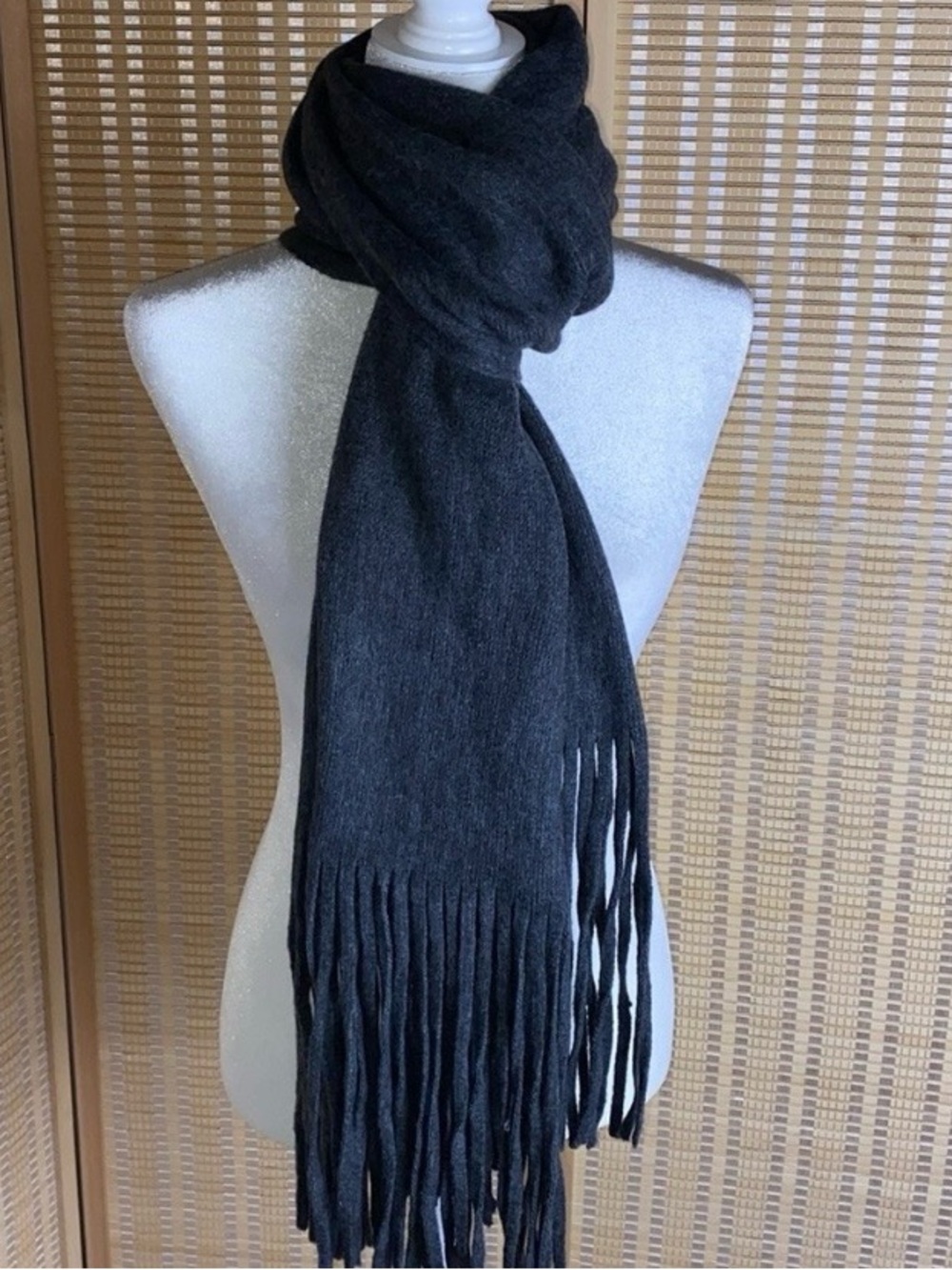 Lucky Brand Fringe Scarf Soft Grey Acrylic Poly Knit 93 X 15 NWOT
